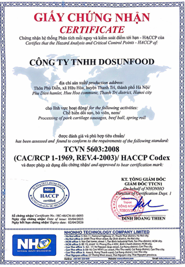 GIẤY CHỨNG NHẬN HACCP