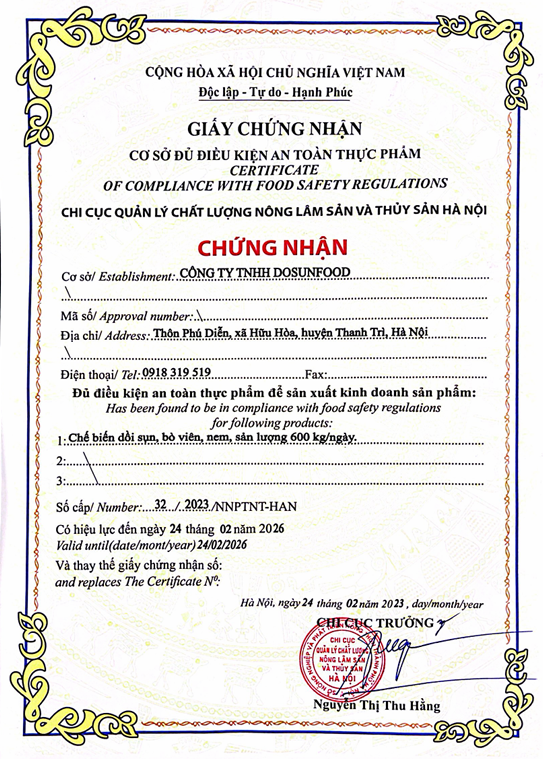 GIẤY CHỨNG NHẬN VSATTP