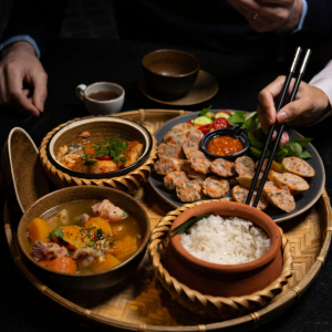 dồi sụn chiên ăn kèm cơm niêu